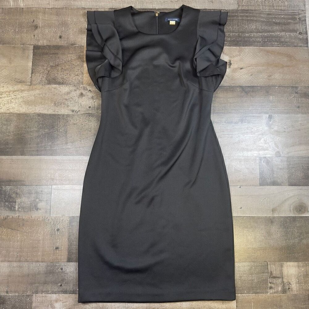 Tommy Hilfiger Women’s Size 6 Sheath Midi Dress Black Short Ruffle Sleeve